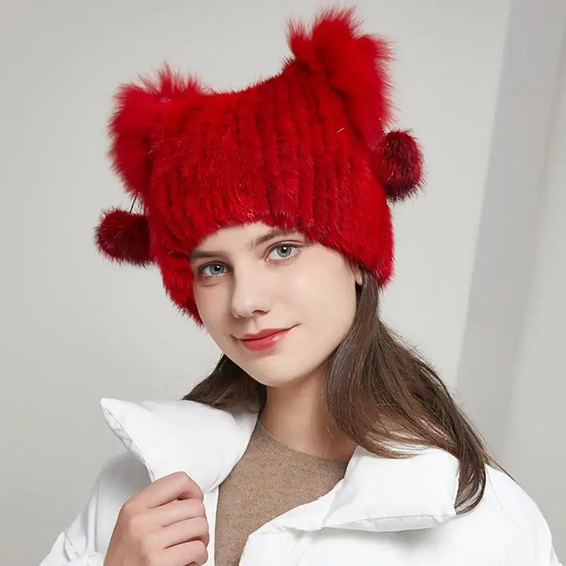 

Women's Genuine Mink Fur Hat with Real Fox Fur Pom Poms Cat Ear Style Winter Cap for Autumn Lovely Warm Fashionable Hat