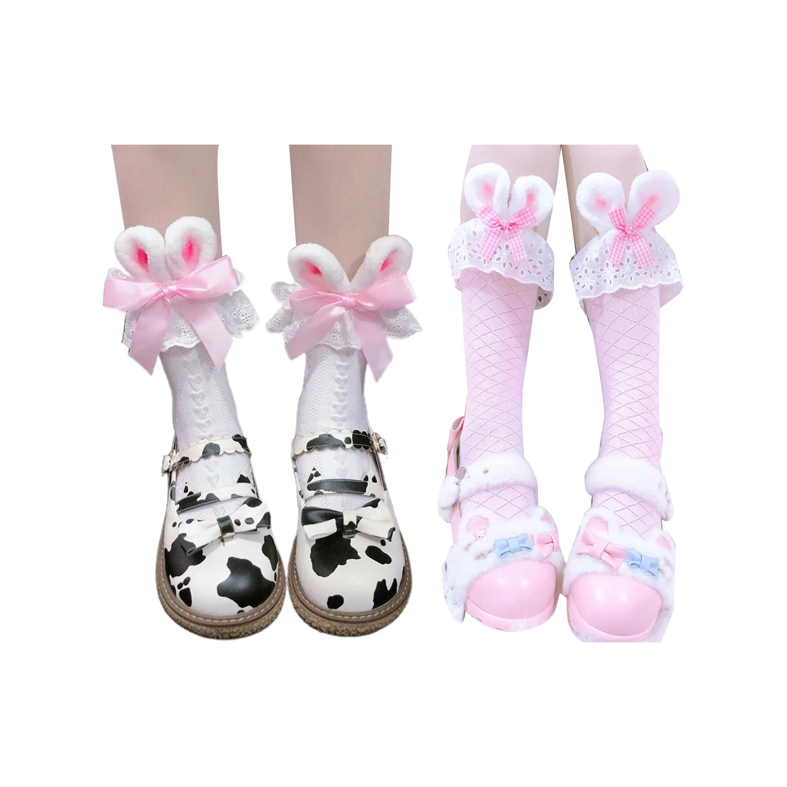 

Набор носков в стиле Лолита с объемными ушками кролика: по 1 паре каждого цвета (розовый с бантом + розовый)