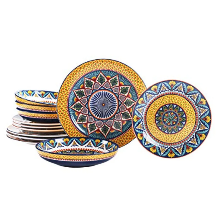 

Havana Ceramic 12 pcs Dinnerware Set Service for 4 Inclusive of 11 inch Dinner Plates 8.75 inch Salad Plates and 35oz Dinner Bo