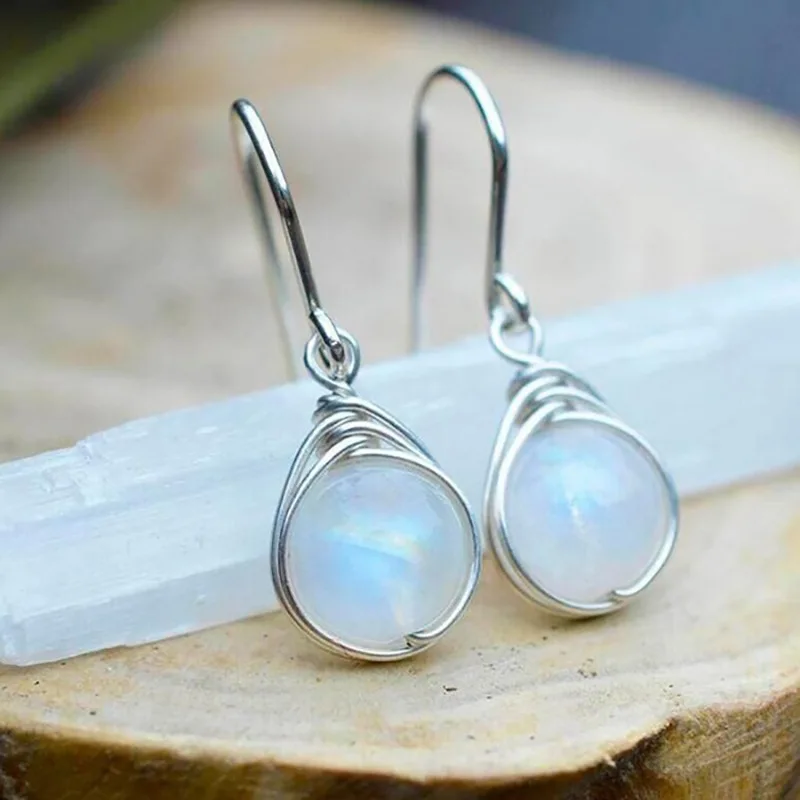 Dainty Female White Moonstone Drop Earrings Transparent Color Dangle Earrings For Women Trendy Bridal Round Wedding Jewelry