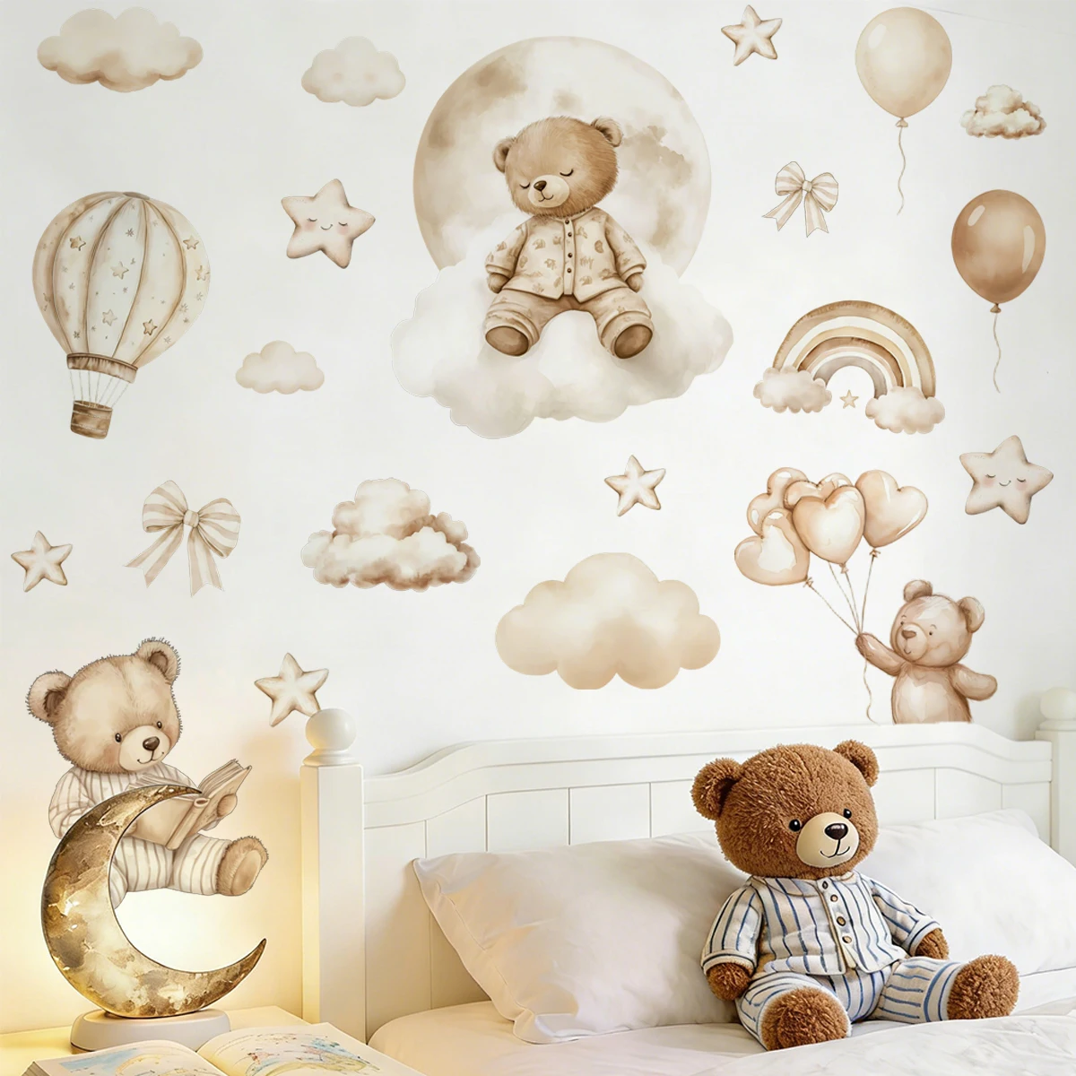 Boho Teddy Bear Balloon Sleeping Watercolor Wall Sticker Nursery Child Room Art Vinyl Decal Kids Room Bedroom Living Home Decor