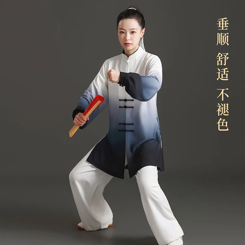 Gradient Color Flowing Tai Chi Suit New Style Performance Uniform for Qigong Martial Arts Practice Linen Fabric Exercise Wear