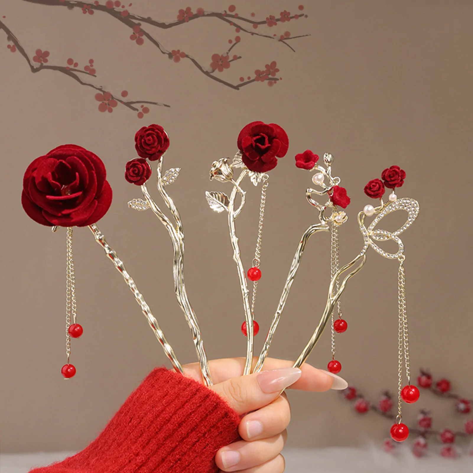 Grampo de cabelo com borla de flor vermelha, liga vintage para mulheres, meninas, grampo de cabelo, fantasia, estilo chinês, joias hanfu, acessórios para cabelo