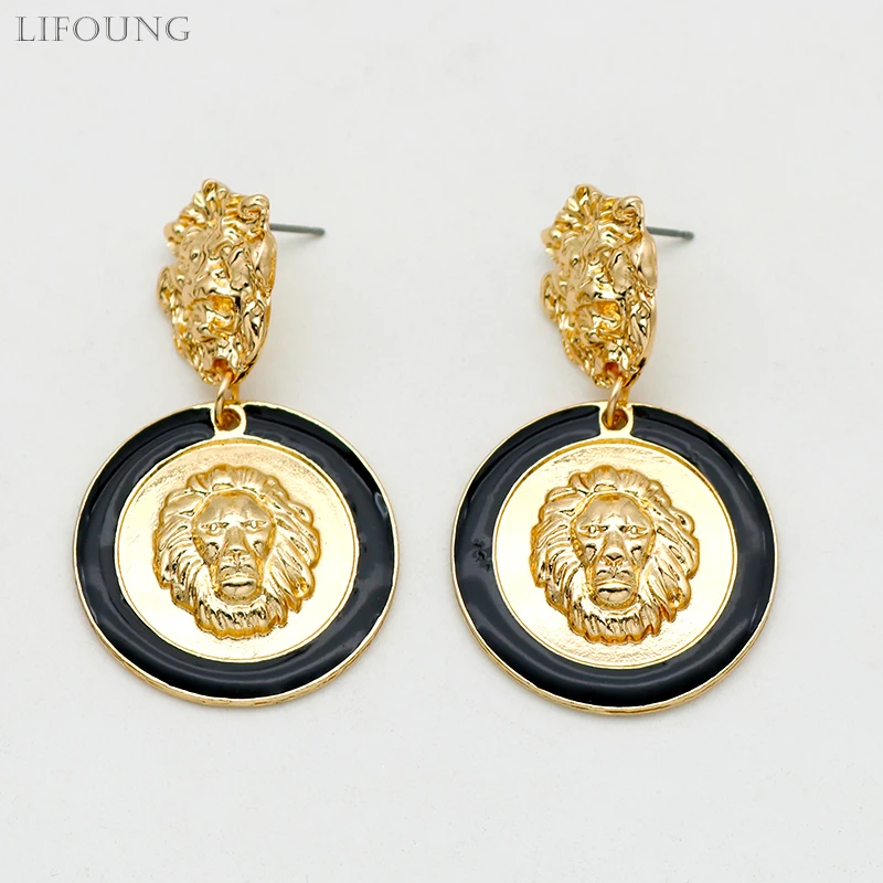 Metal Lion Head Dangle Post Earrings For Women Black Enamel Fashion Jewelry Vintage New Style Wholesale Accessories Gift 2023576