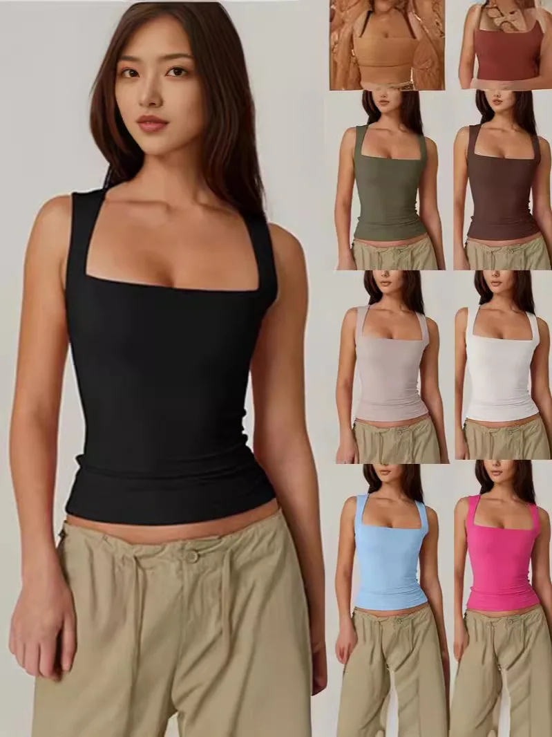 T shirt women 2026 fashion 2025 New Summer square-neck sleeveless double-layer vest tight T-shirt tshirt women's clothing
