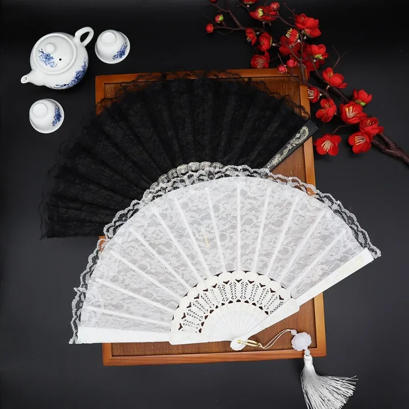 

Luxury White Lace Folding Fan Double-layered Plastic Wedding Home Decorative Fan Ancient Bride Hand Fan