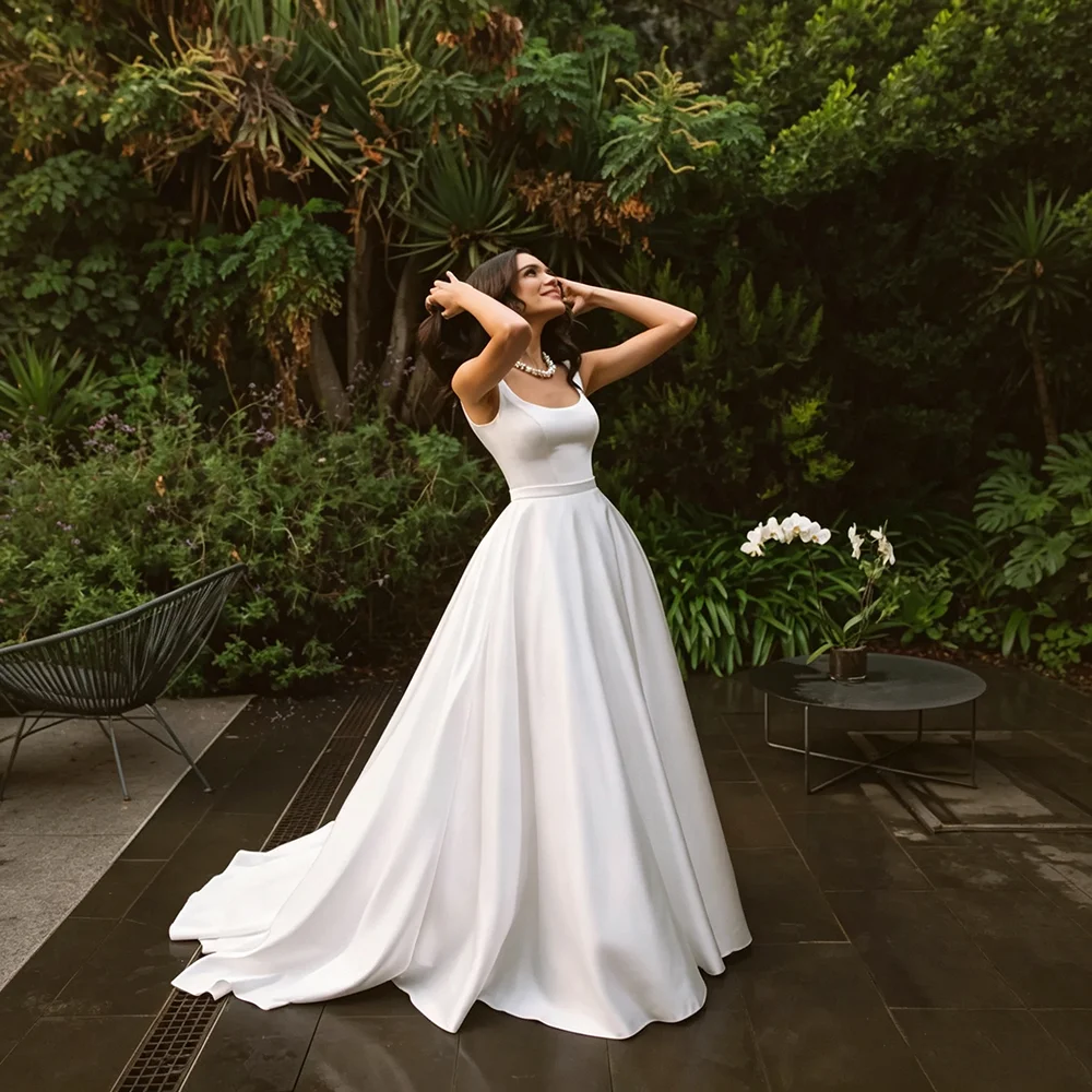 Satin-Brautkleid mit U-Ausschnitt, Spaghettiträgern, offenem Rücken, Knöpfen, A-Linie, Schleppe, schlichtes Brautkleid, maßgeschneidert, Vestido De Novia