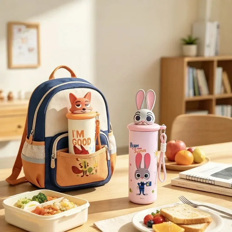 X&W Zootopia 550ml Children Thermos Cup SUS316 Straw Mug with Cartoon Character Lid＆Lanyard Portable Student School Tumbler Gift