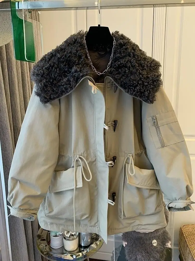 SuperAen Płaszcz z bawełny w stylu koreańskim z guzikami w kształcie rogu, z kołnierzem, gruby, zimowy, nowy model 2026, khaki, oversize, luźna parka