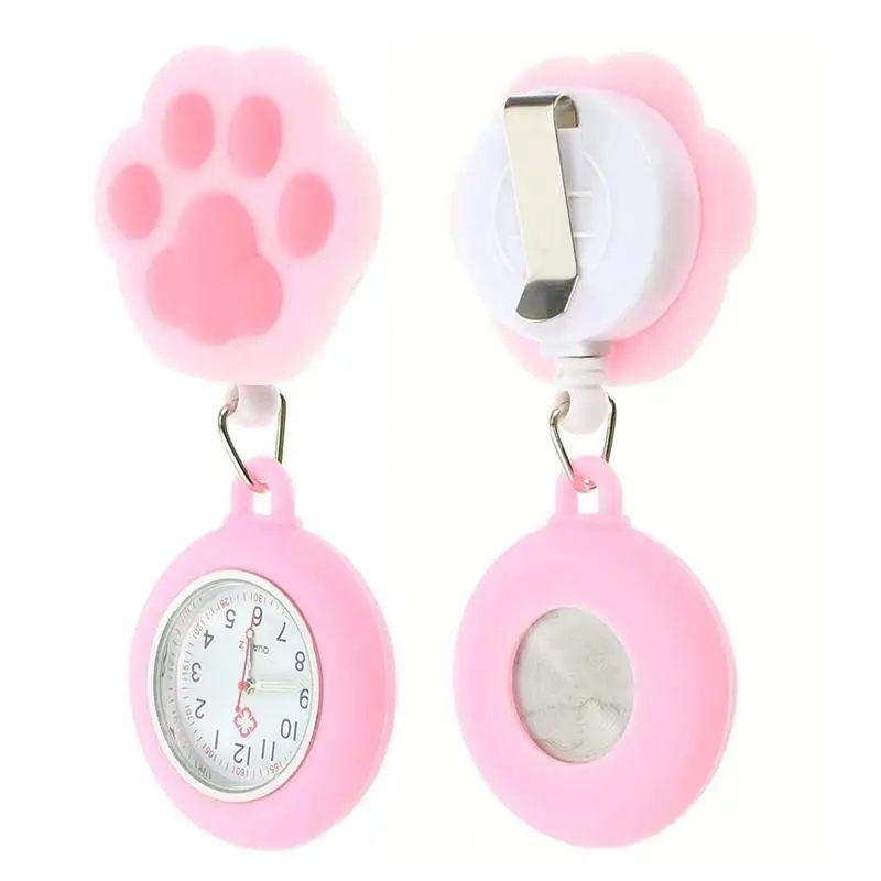 Cute Cat Paw Nurse Watch, Silicone Broche com Clipe, Telescópico Retrátil, Cuidados de Saúde, Médico, Paramédico, Bolso Médico