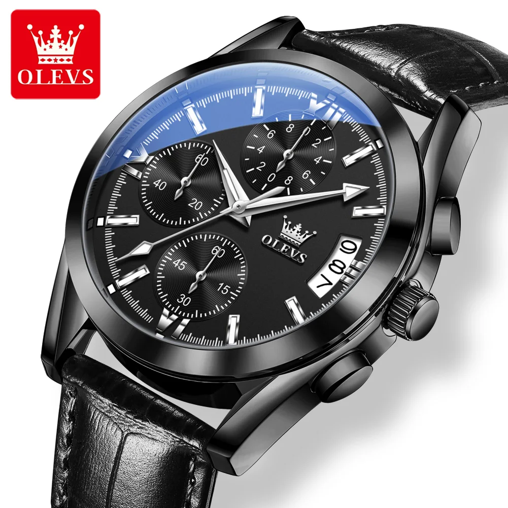 

OLEVS 2987 Роскошные кварцевые часы для мужчин, модные спортивные наручные часы с кожаным ремешком, водонепроницаемые мужские часы со светящимся хронографом
