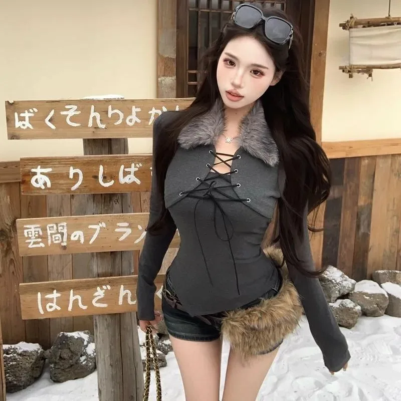 

Осень-зима, новый стиль, высококачественные топы с длинными рукавами и меховым воротником в стиле ретро для женщин, нерегулярные облегающие футболки с ремешками