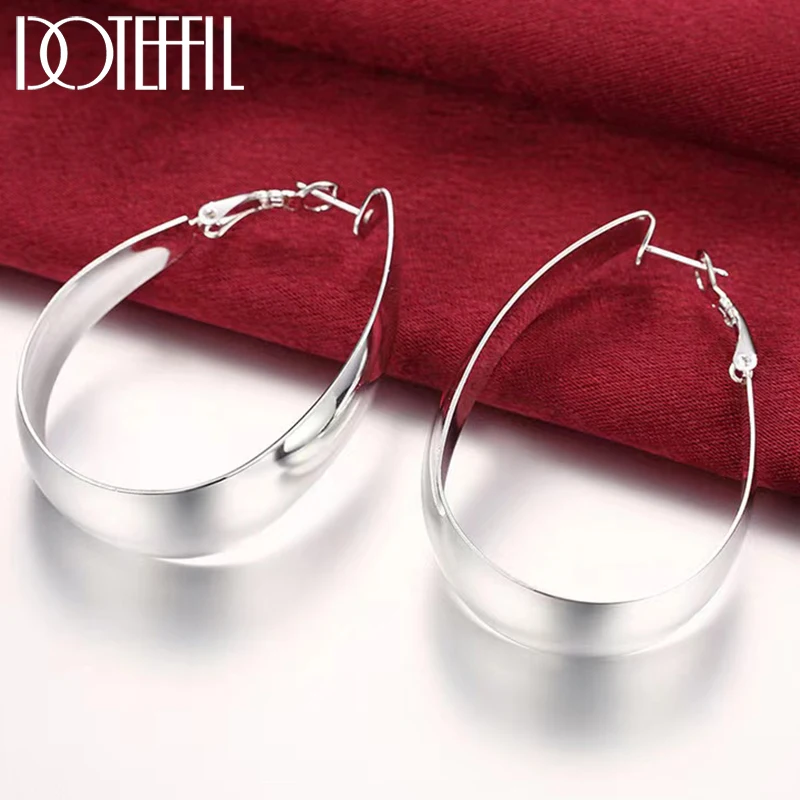 DOTEFFIL 925 Sterling Silver Round Smooth Egg Noodle Earrings Women Party Gift Fashion Charm Wedding Engagement Jewelry