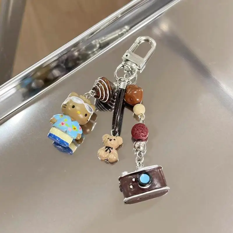 Sanrio Y2K-Llavero Vintage con cámara de gato KT, llavero creativo con cuentas, bolso encantador, colgante, decoración, accesorios para llaveros, regalos