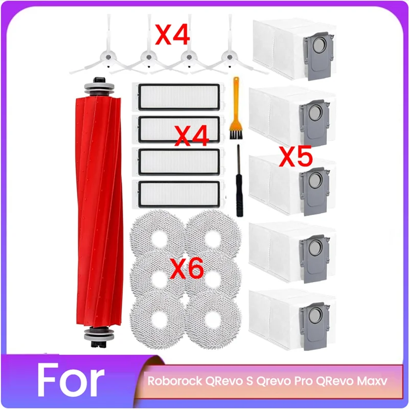 AT28-22PCS Części zamienne do robota odkurzającego Roborock Qrevo S, Qrevo Pro, Qrevo Maxv: szczotka główna, szczotki boczne, filtr HEPA, worek na kurz