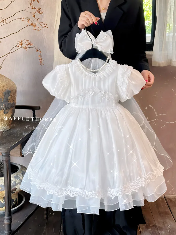 

Элегантное белое платье для девочек с пышными рукавами, кружевом и тюлем, летнее, для дня рождения, милые свадебные и праздничные платья для детей