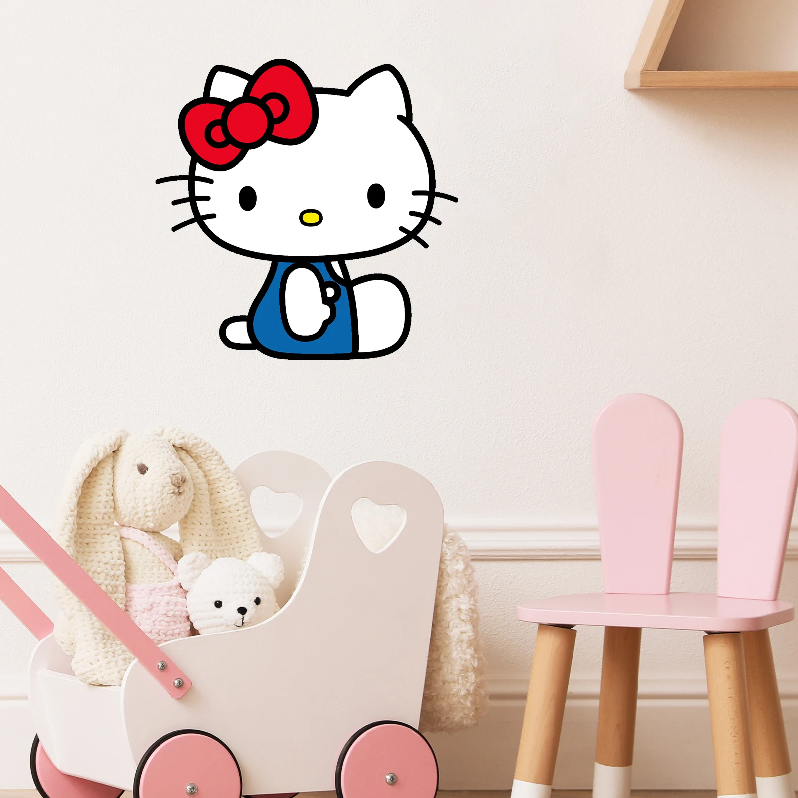Cartoon Hello Kitty Wall Decals, Classic Red Bow Blue Overalls Cute Kitty Wall Stickers for Bedroom Bedside Cabinet Home Decor