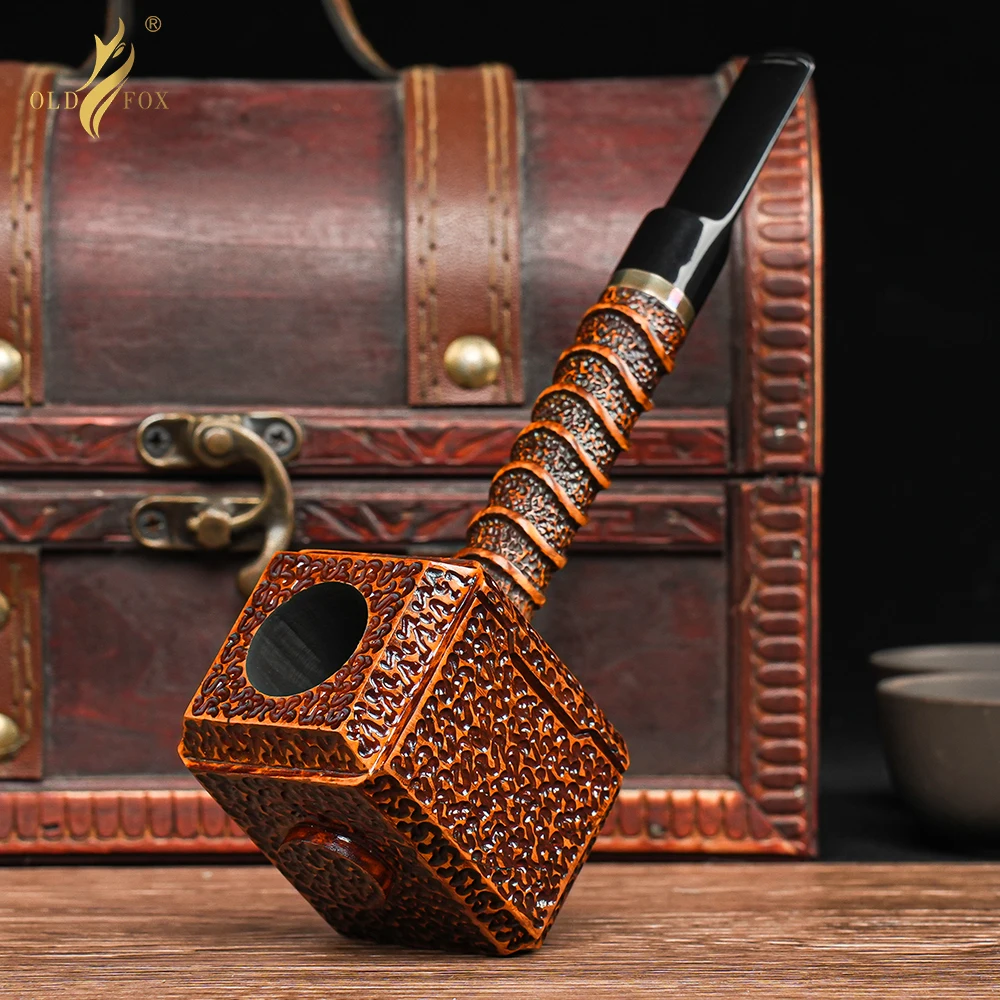OLD FOX Briar Smoking Pipe Dark Carved Thor's Hammer Silver Band Black Stem 3mm Filter Pipe Pipe Gift for Dad