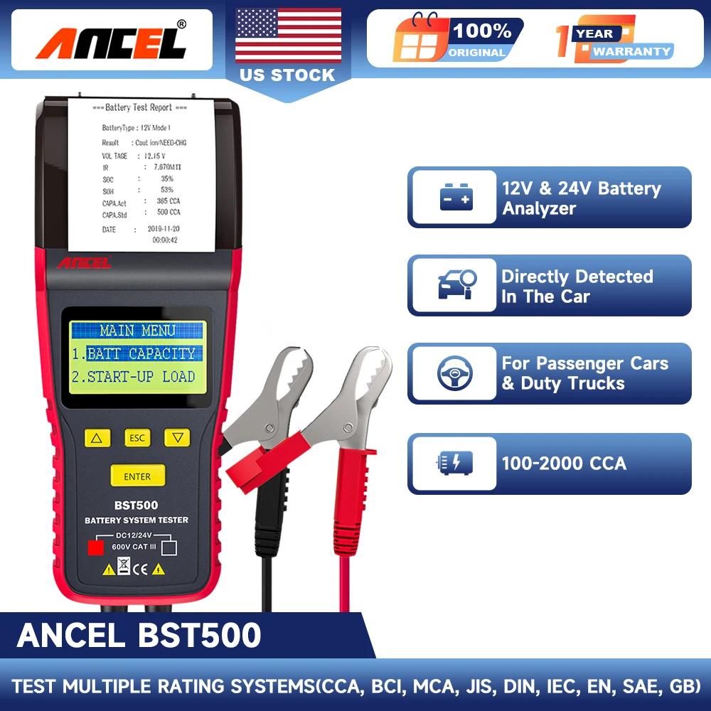

Ancel BST500 12V 24V Battery Tester with Printer Car Load Charging Cranking Test Thermal Printer Car Battery Analyzer Automotive