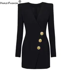 2024 autunno inverno Sexy scollo a V monopetto manica lunga donna Blazer da ufficio corto Mini abito nero sottile