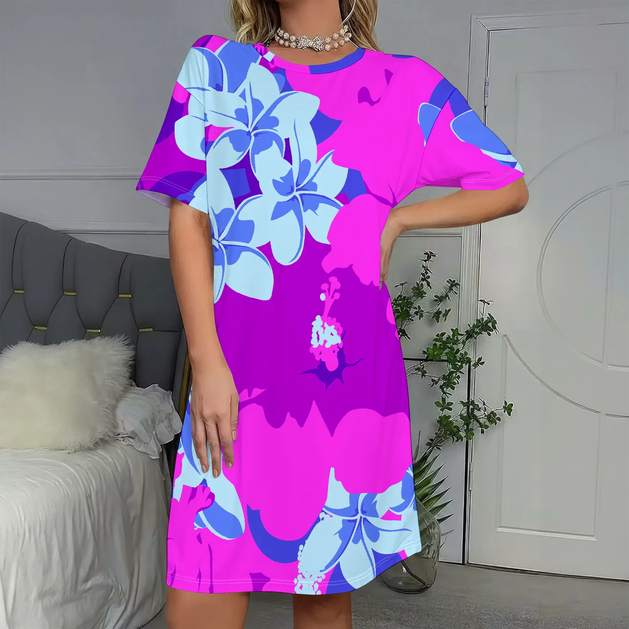 

Floral Print, Short Sleeve Dress, Vibrant Pink, Blue Flowers, Loose Fit, Casual Wear, S-2XL