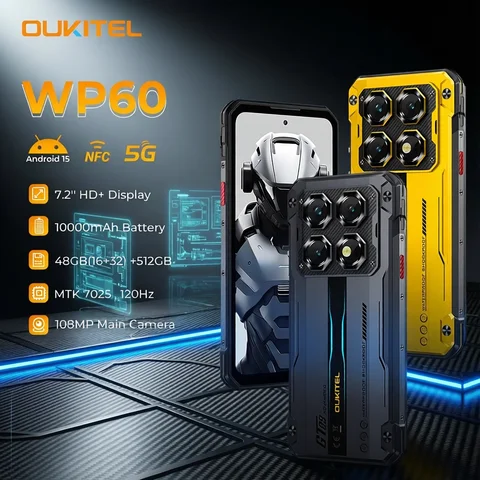 OUKITEL WP60 5G NFC Smartphone 10000mAh 48GB(16+32) +512GB, MTK 7025 Android 15 Rugged Phone, 108MP Camera, 120Hz