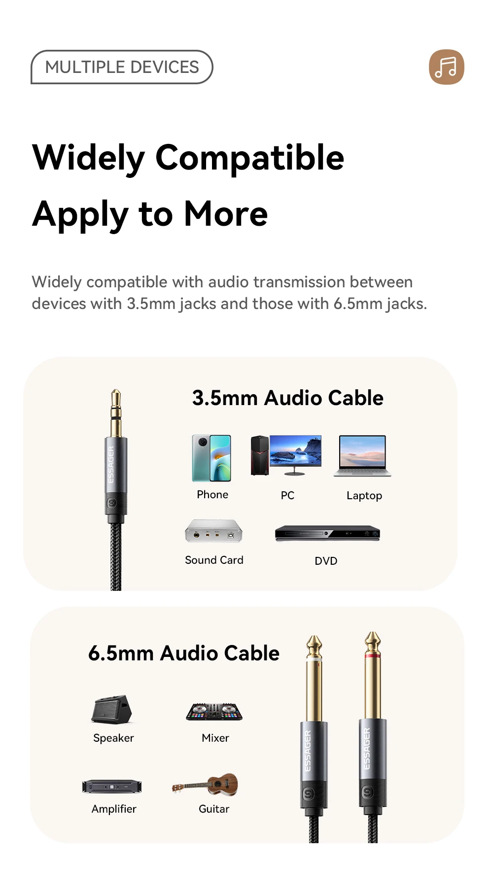 Essager 3,5mm auf Doppel-6,5mm Stereo-Klinkenkabel 3,5 auf 6,35 Audio-Kabel TRS-Kabel AUX-Splitterkabel für Gitarre, Mixer, Verstärker, DVD – Detail 3