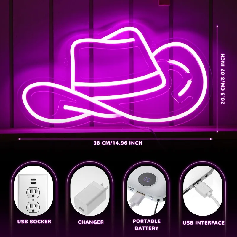 Cowgirl Hat Neon Sign Cowboy Hat LED Sign Preppy Y2K Lighting LED Aesthetic Room Preppy Girls Bedroom Dorm Wall Decor 5V USB