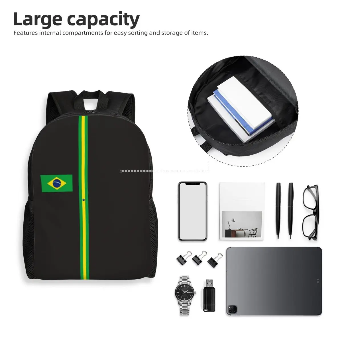 حقائب ظهر مخصصة بعلم البرازيل للنساء والرجال حقيبة كتب أساسية للمدرسة الجامعية وحقائب الشعار الوطني البرازيلي #5