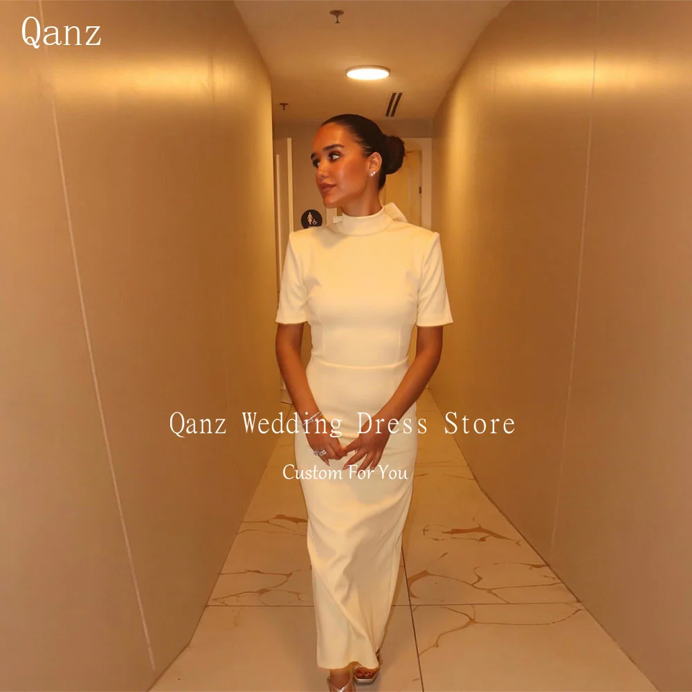 

Qanz Banana Yellow Modest Evening Gowns High Neck Mermaid Short Sleeves Party Dresses Woman Backless Robes De Soirée Customized