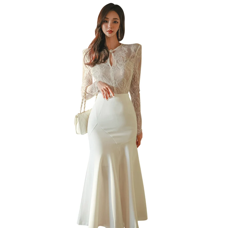 Vintage White Lace Patchwork Midi Dresses for Women 2024 Spring Summer New Elegant Party Slim Evening Prom Sexy Female Clothing