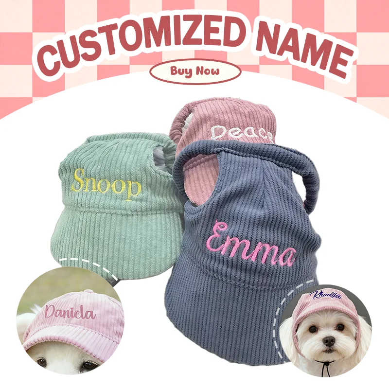 

Personalized Name Embroidery Pet Dog Hat Corduroy Adjustable Cap for Small Medium Dogs Cats Custom Puppy Sun Hat