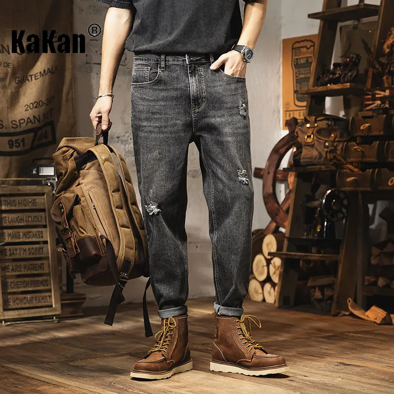 Kakan-男性用のヨーロッパとアメリカのヴィンテージジーンズ,穴とゆったりとした足,20-511,新品,春と夏