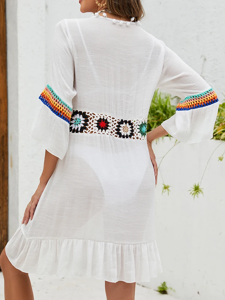 Summer Bohemian Knitted Flower Beachwear Kimono Cardigan Ruffle Hem Cover Up Dress V Neck Crochet Floral Beach Cover Up Swimsuit