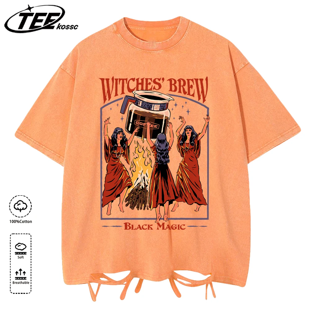 

Witches Brew Black Magic Printing Snow Wash Holes Mens T-Shirt Sweat T Shirts All-Match Cotton Top Trendy Casual Short Sleeve