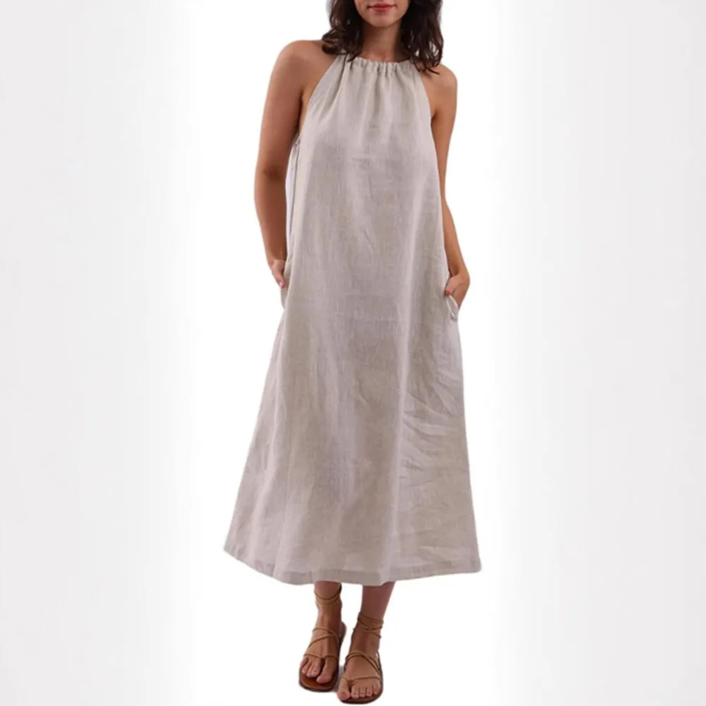 

Women's Sleeveless Halter Neck Dress Made of Cotton Linen Blend Comfortable Summer Wear for Casual Outings and Beach Vacations