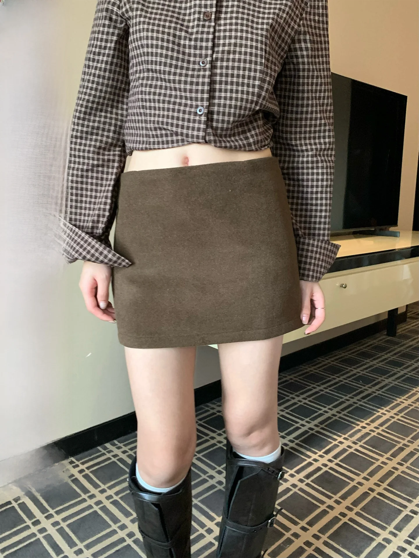 

High Waist A-Line Skirt Women's Korean Sle Woolen Coffee Color Slimming Spring Summer Faion Casual Skirt