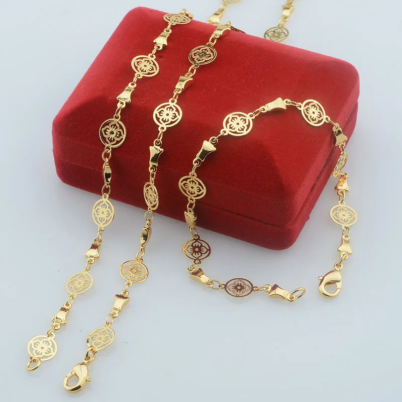 New Fashion Women Yellow Gold Color 8mm Round Flowers Wedding  Jewelry Necklace Bracelet Set