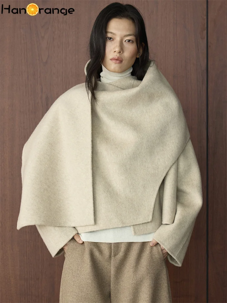 HanOrange 2026 Winter Trendy Slant Open Irregular Wool Double Sided Coat Women Silhouette Warm Woolen Coat Beige