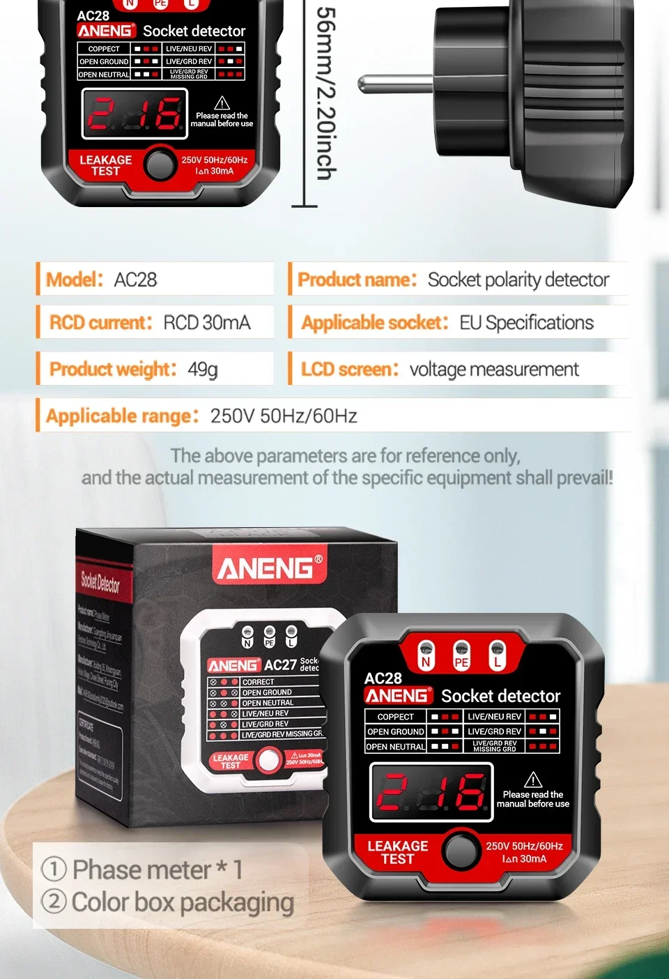 ANENG AC28 Digitaler Steckdosen-Leistungstester, Leistungsschalter-Finder, EU/US-Stecker, 250 V, 50 Hz/60 Hz, Steckdosen-Polaritätsdetektor, Spannungsprüfer – Detail 12
