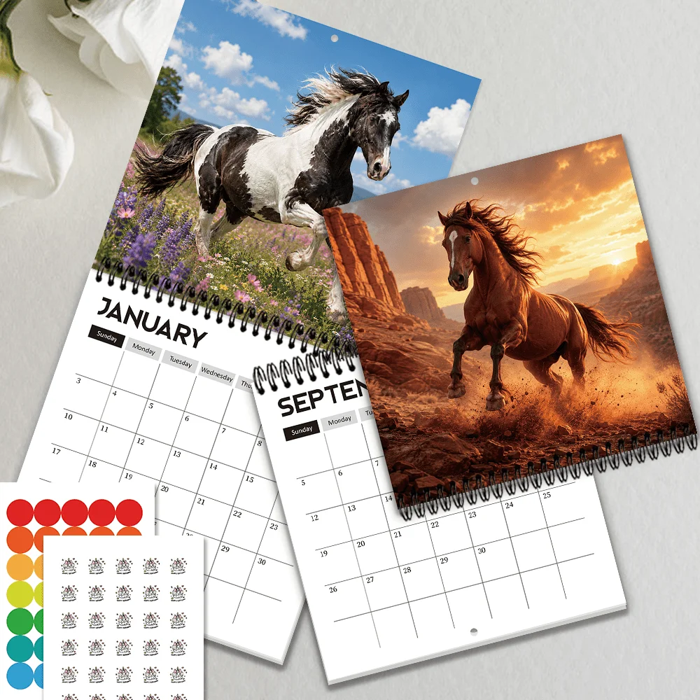1pc 2027 Funny Big-Head Horse Wall Calendar,12‑Month Planner,Gift For Back‑to‑School,Christmas,New Year,Free Stickers Included
