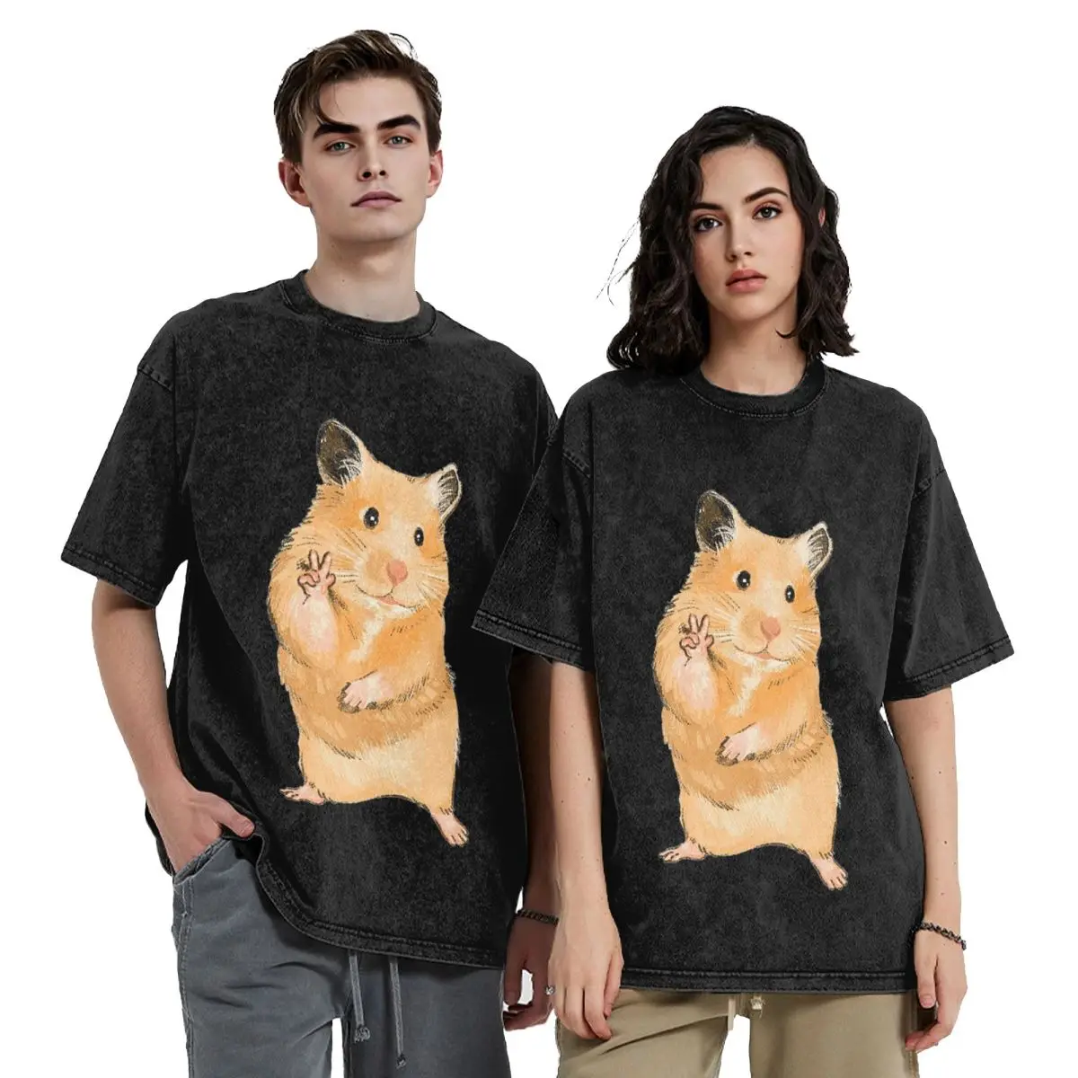 Selfie Hamster Washed T Shirts Vintage Short Sleeve Hip Hop T-Shirt Streetwear Tops Tees for Men Women