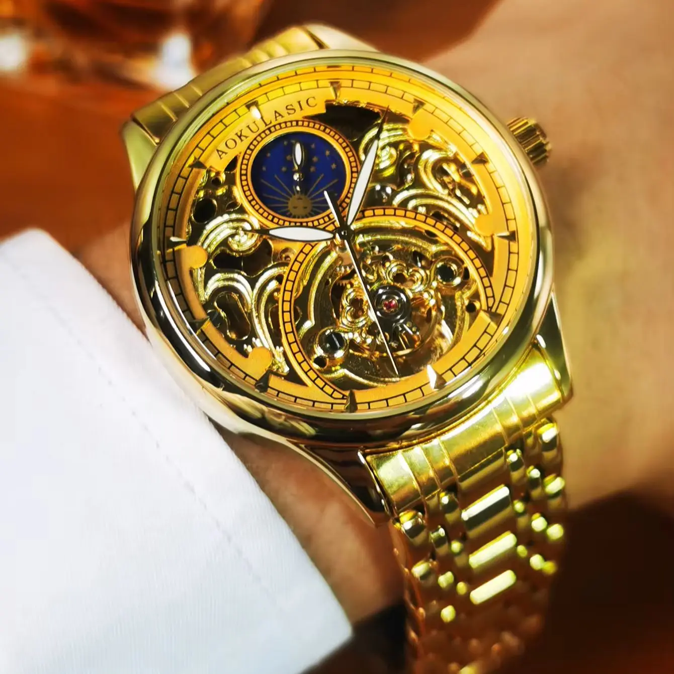 Gold  Vintage Moon Phase Automatic Watch for Men Tourbillon Skeleton Luminous Hands Luxury Brand Mechanical Watches Steel Strap