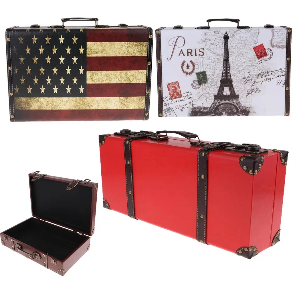 Fashion Retro Leather Wood Luggage Suitcase Clothes Storage Suit Box Home Art Decoration