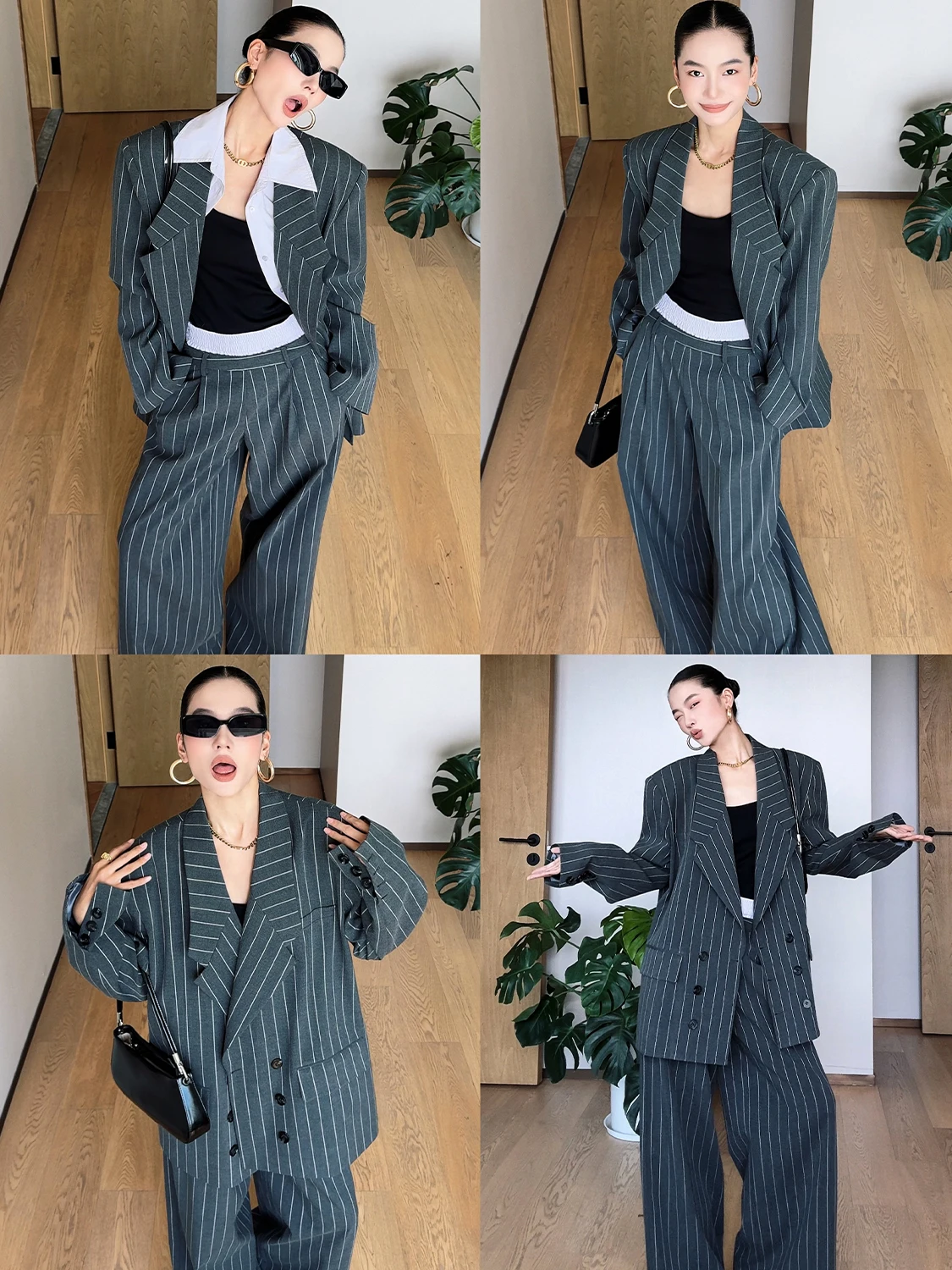 

CIZZLEMORE Современный костюм в полоску с подплечниками и повседневные брюки с высокой талией, женский комплект