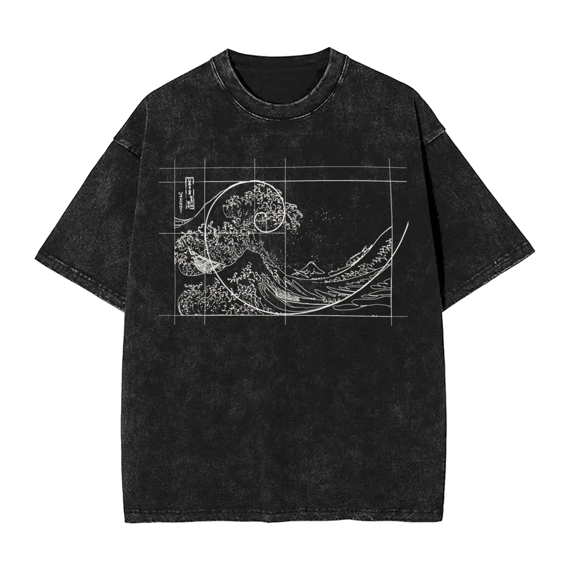 Washed T Shirts Hokusai Meets Fibonacci Golden Ratio Hip Hop T-Shirt Street Geek Math 100% Cotton Summer Tops Tees for Men Women
