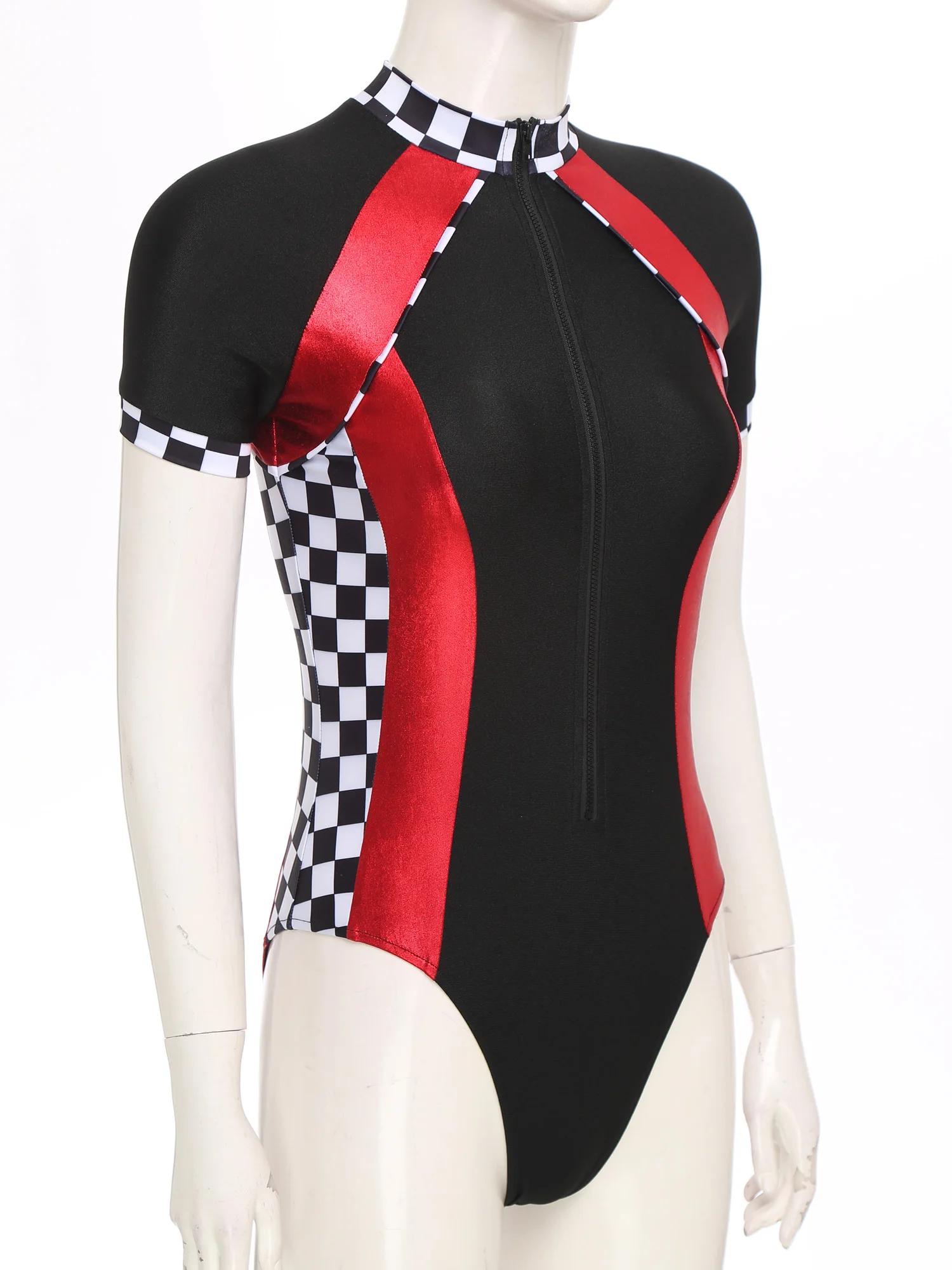 Vrouwen Race Car Driver Jumpsuit Plaid Stand Kraag Korte Mouw Rits Glanzende Body Racer Girl Uniform Turnpakje Halloween Kostuum