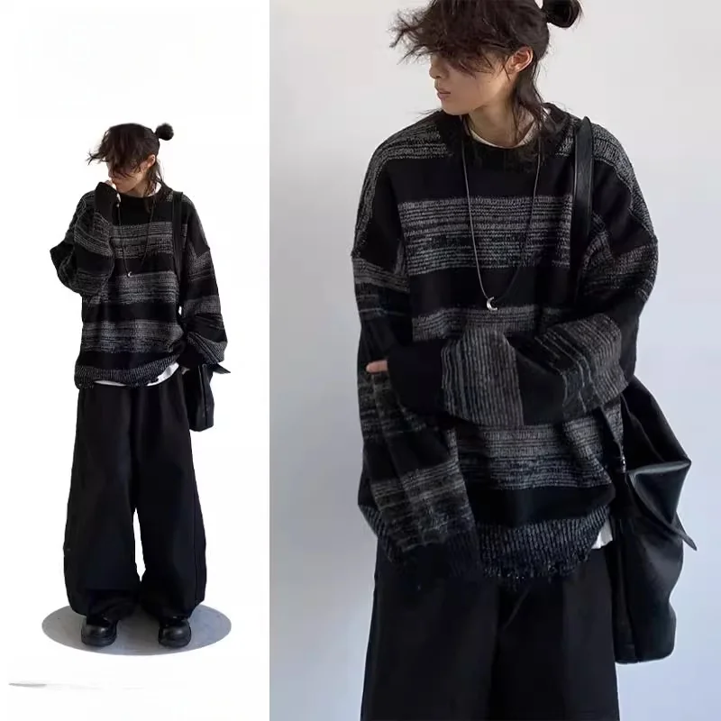 

Retro Japanese Sle Striped Sweater Men's Casual Lazy Sle Knitted Outerwear Autumn Winter Ci Walk Polyester Fiber round ...