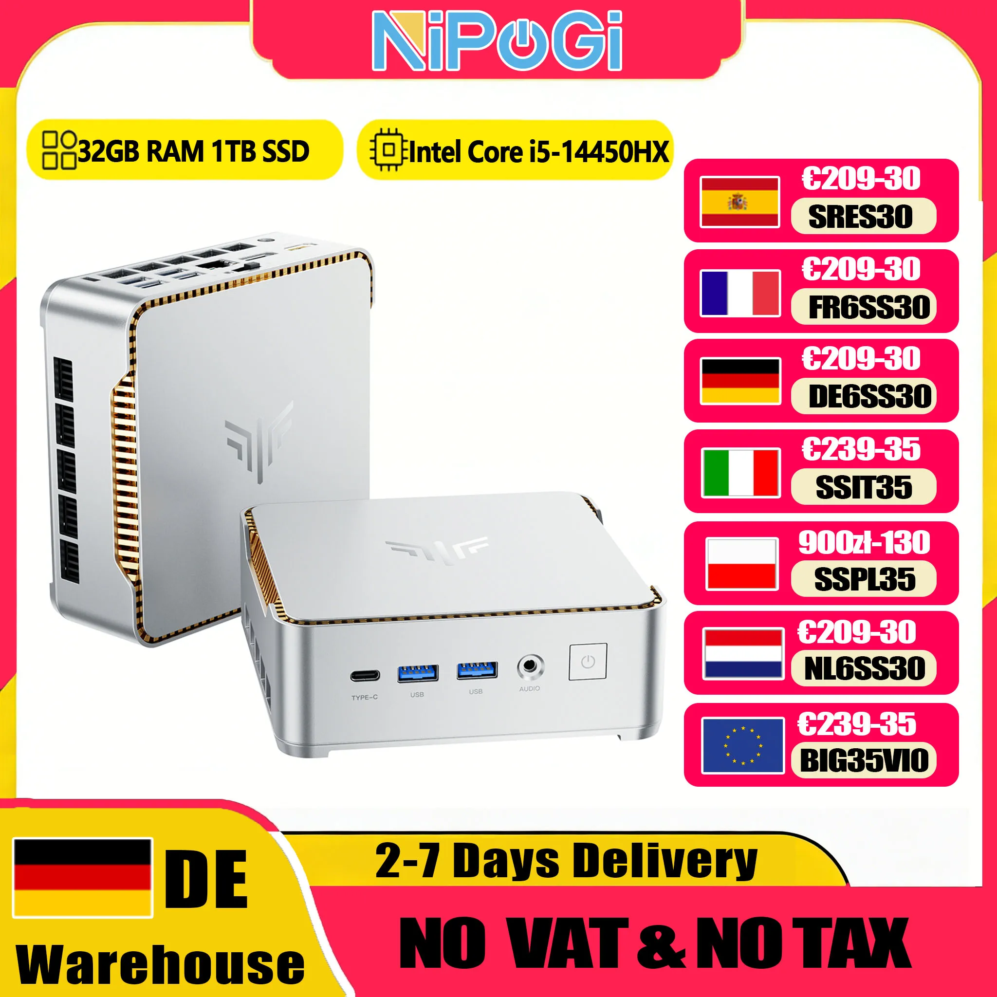 Mini PC NiPoGi H2 Intel Core i7-13620H, ordinateur de bureau compact, 32 Go DDR4, 1 To SSD, Windows 11 Pro, triple affichage 4K