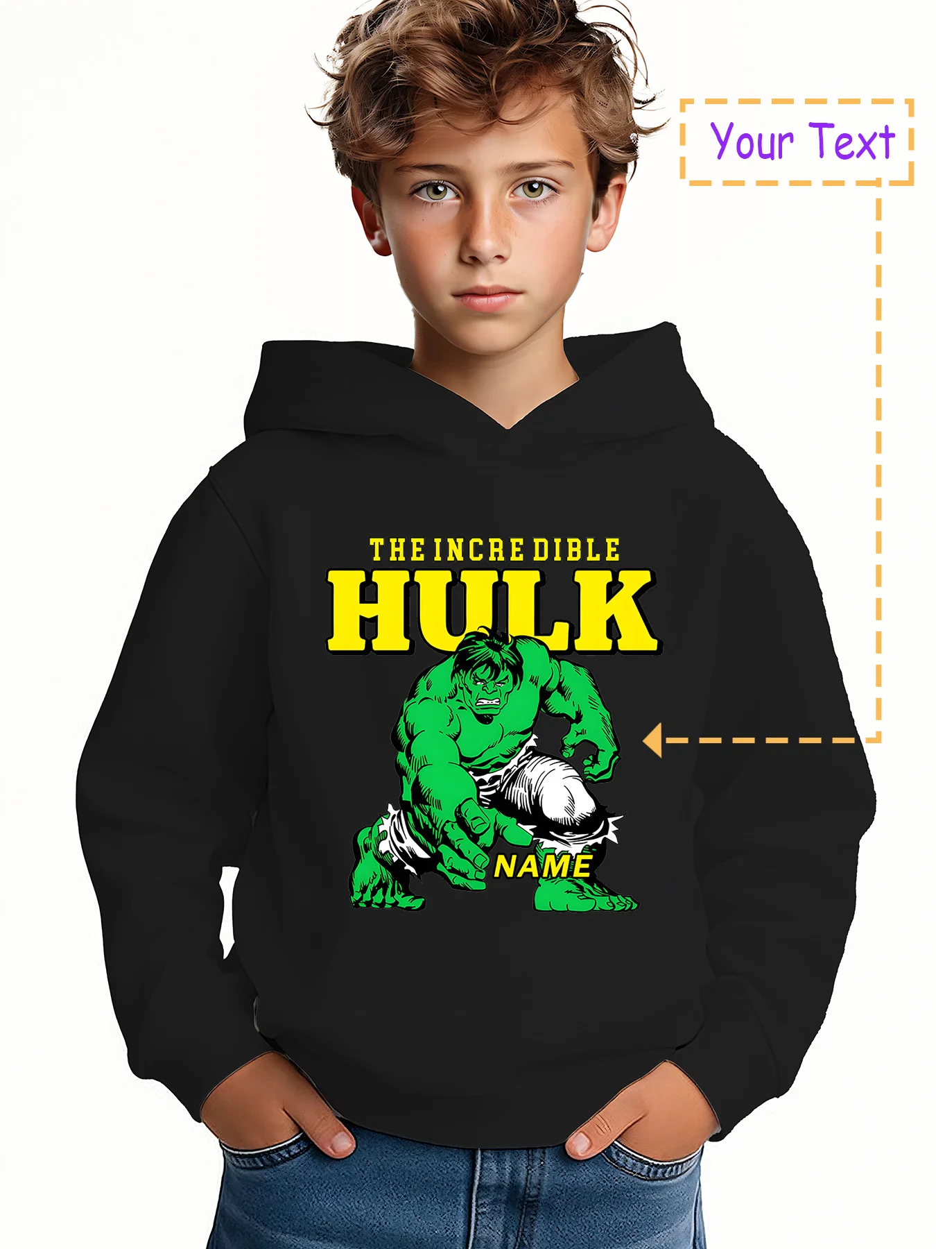 

MINISO Hulk Classic Hoodie for Boys - Hulk's classic pose, full of power, perfect for outdoor play, sports, and leisure activiti